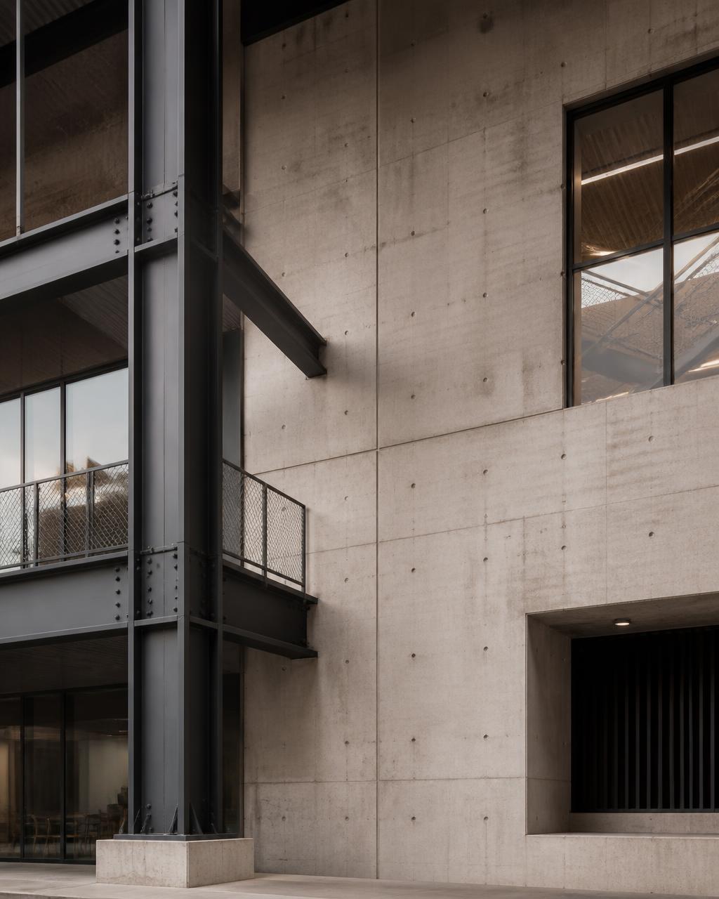 Contemporary concrete and steel building facade in measured daylight